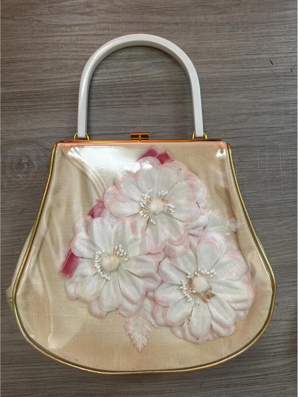 Vintage 50’s/60’s Floral Applique Plastic Handbag with White Handle